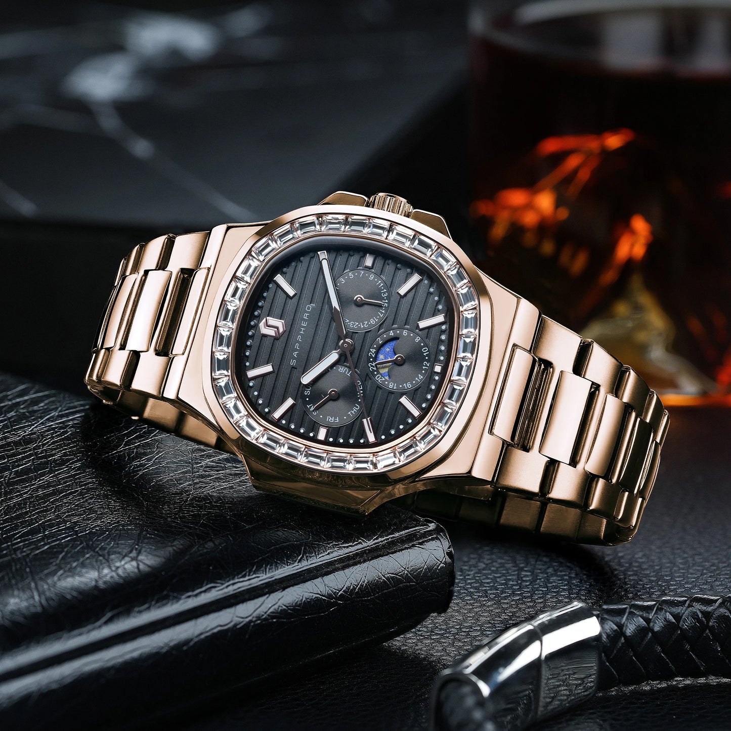 2024 New SAPPHERO Square Watch for Men Luxury Diamond Wristwatch waterproof   Date Clock Stainless Steel Quartz Mens Watches