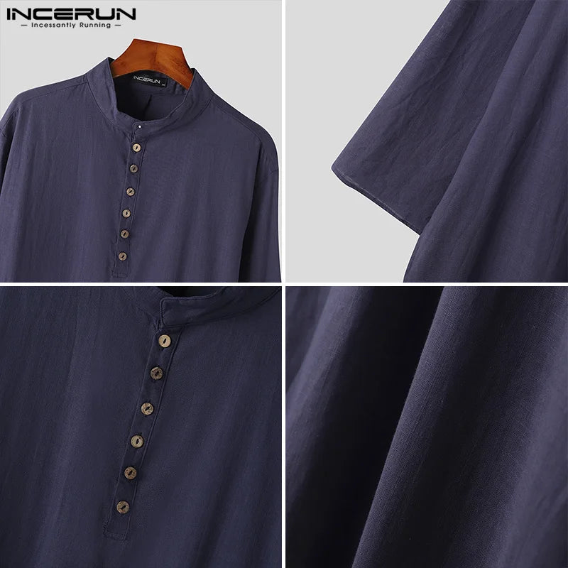 INCERUN Vintage Men Casual Shirt Cotton Long Sleeve Stand Collar Solid Long Style Shirts Streetwear Retro Men Muslim Kaftan 2024