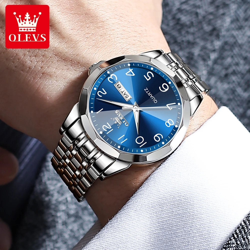 OLEVS Original Waterproof Men's Watches Digital Mirror Quartz Watch for Man Luminous Stainless Steel Wristwatch Male Date Week