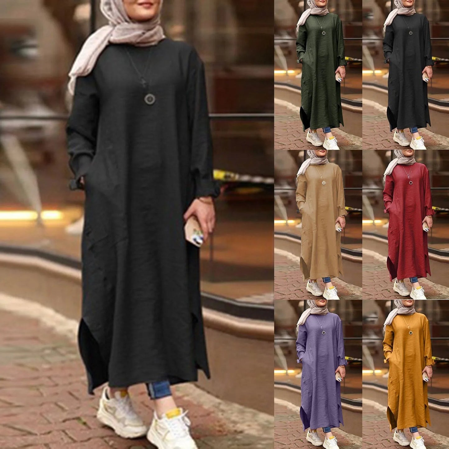 Ramadan Abaya Women's Solid Color Long Sleeve Shirt Pocket Long Dress Casual Robe Muslim Woman Dress Dubai Abaya Islamic Dresses