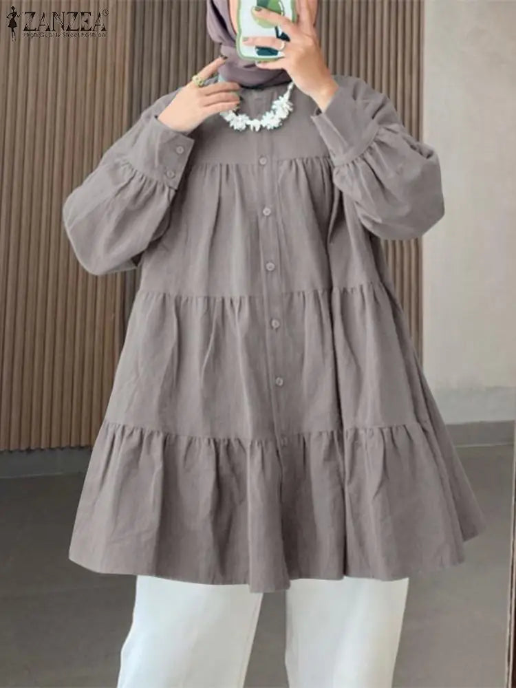 ZANZEA Fashion Women Long Puff Sleeve Shirt Casual Loose Islamic Clothing Abaya Muslim Tops Spring Vintage Solid Ruffles Blouse
