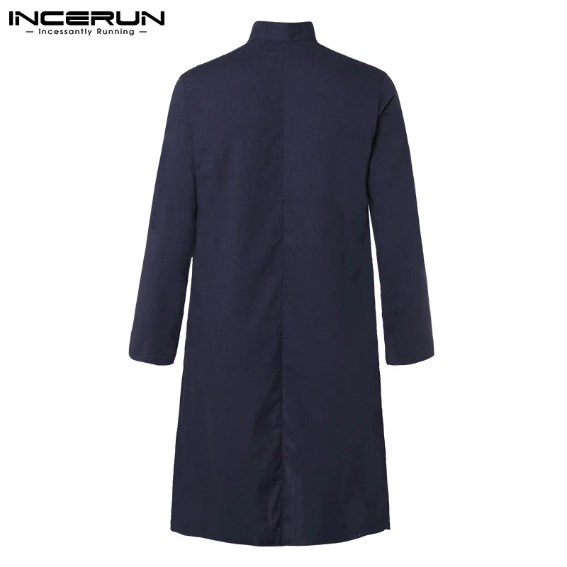 INCERUN Men Casual Shirt Cotton Long Sleeve Stand Collar Vintage Solid Stitched Long Tops Indian Clothes Pakistani Shirt S-5XL
