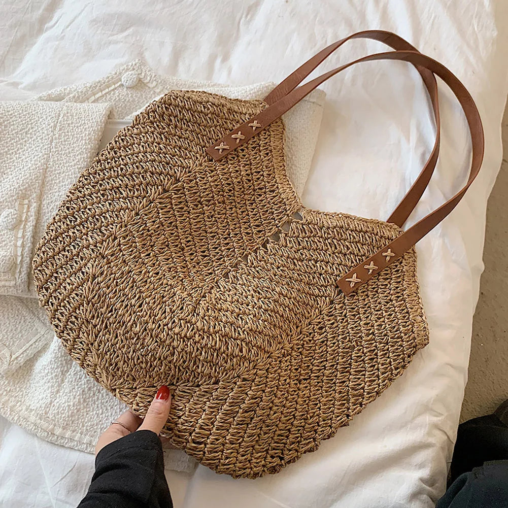 Summer Straw Bags for Women Straw Shoulder Bags Rattan Woven Top Handle Bag Hollow Raffia Crochet Beach Bag Casual Handbags 2023