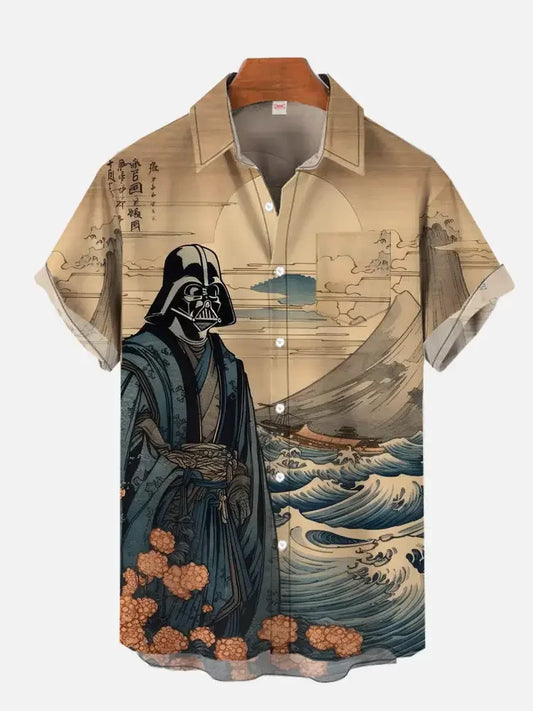 Ukiyo-e retro masked samurai landscape painting print men's short-sleeved shirt loose large size S-5XL