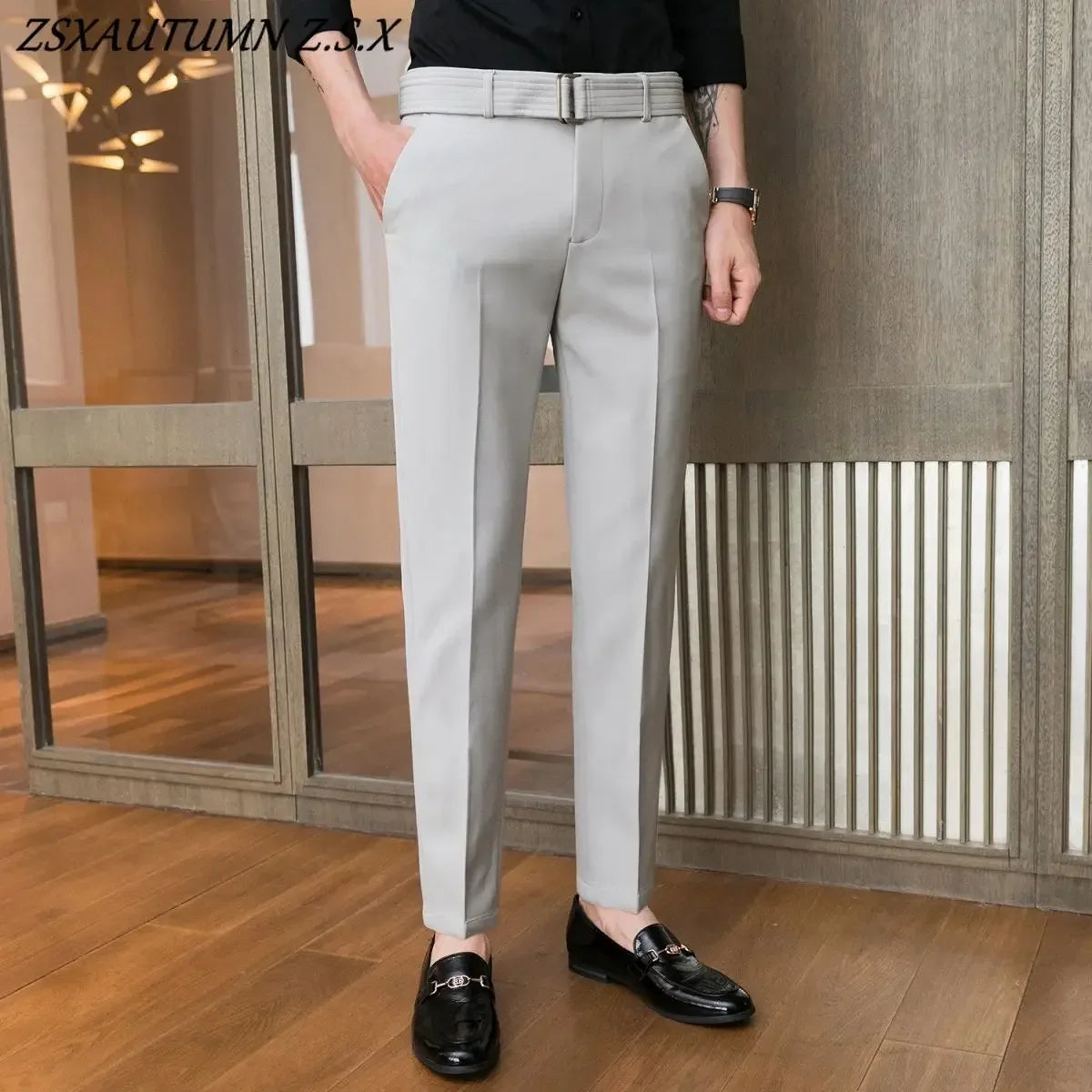 Spring and Summer Fashion Pants Slim Suit Pants with Belt Men's Pants Casual Business Trousers Pantalon Hombre Mens Clothing