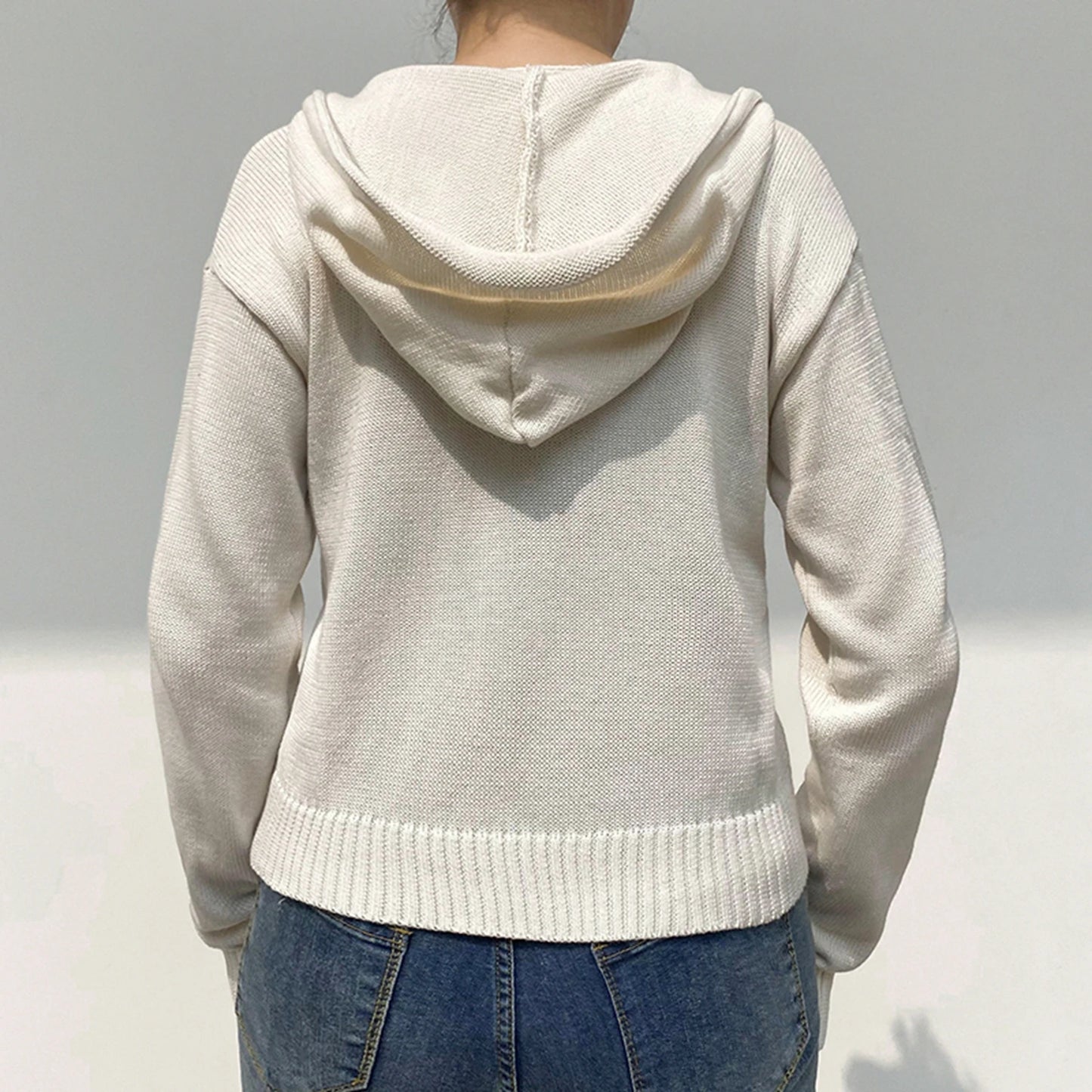 Women’s Full Zip Knit Hoodies Casual Sweaters Solid Color Long Sleeve Drawstring Sweatshirts Cardigan Zip-up Y2K Clothing