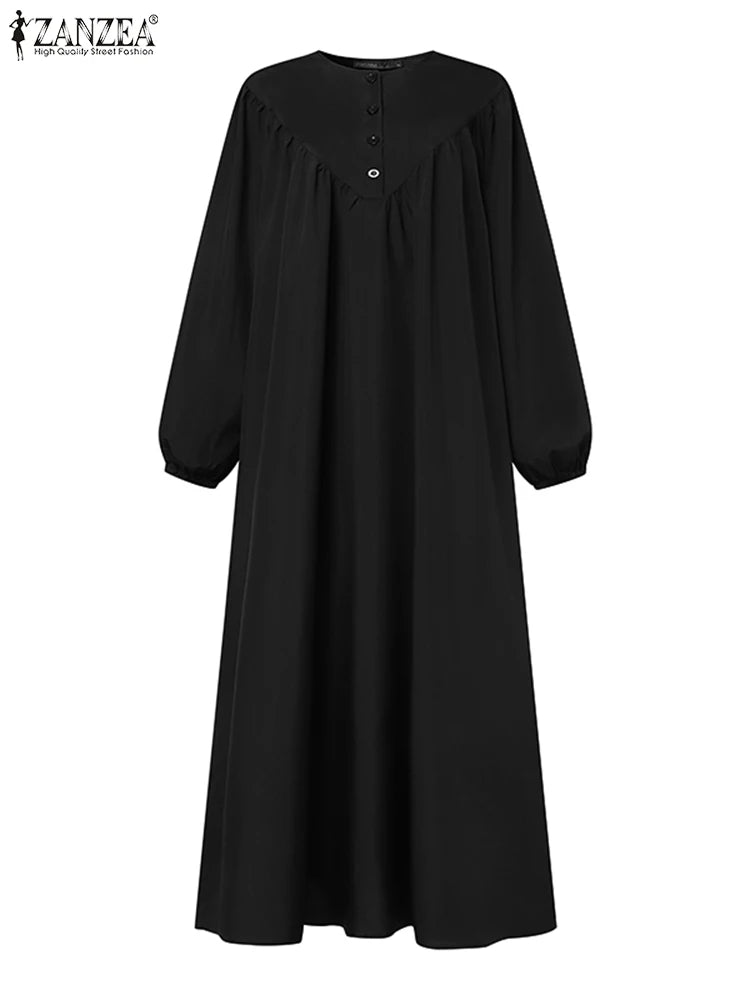 ZANZEA Women Autumn Maxi Long Dress Fashion Long Sleeve Dubai Turkey Abaya Hijab Muslim Sundress Robe Femme Islamic Clothing