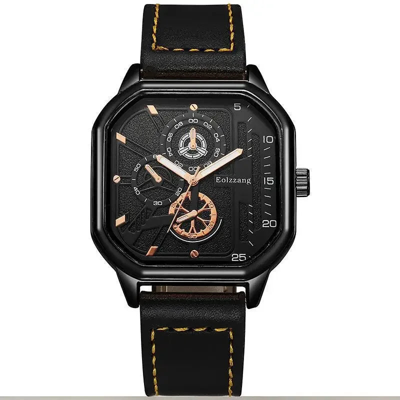 YIKAZE Men's Quartz Watches Alloy Dial Business Men Watch PU Leather Strap Square Sports Watch Cool Black Wristwatch for man