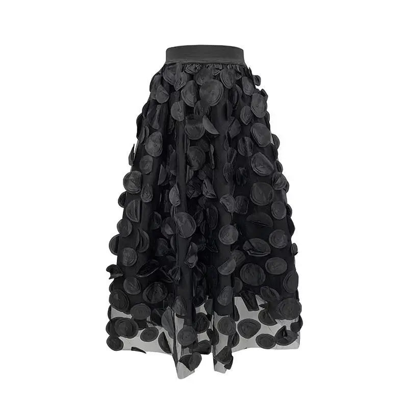 Qooth Women Polka Dot 3D Design Tulle Mesh Skirt Vintage Elastic Waist Long A-line Tutu Skirt QT2176
