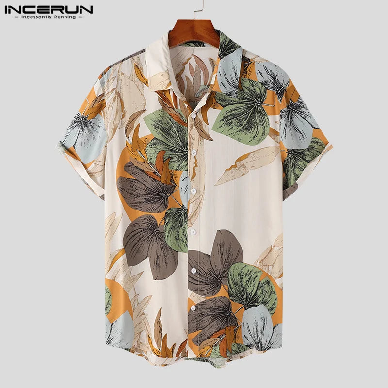 INCERUN Men Hawaiin Shirt Printing 2024 Lapel Short Sleeve Casual Shirts Button Breathable Vacation Summer Leisure Camisas S-5XL