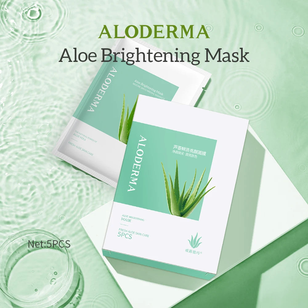 ALODERMA Aloe Brightening Face Mask 88% Organic Aloe Vera Facial Sheet Masks-Set of 5pcs Gently Hydrates Brightens Skin Tone
