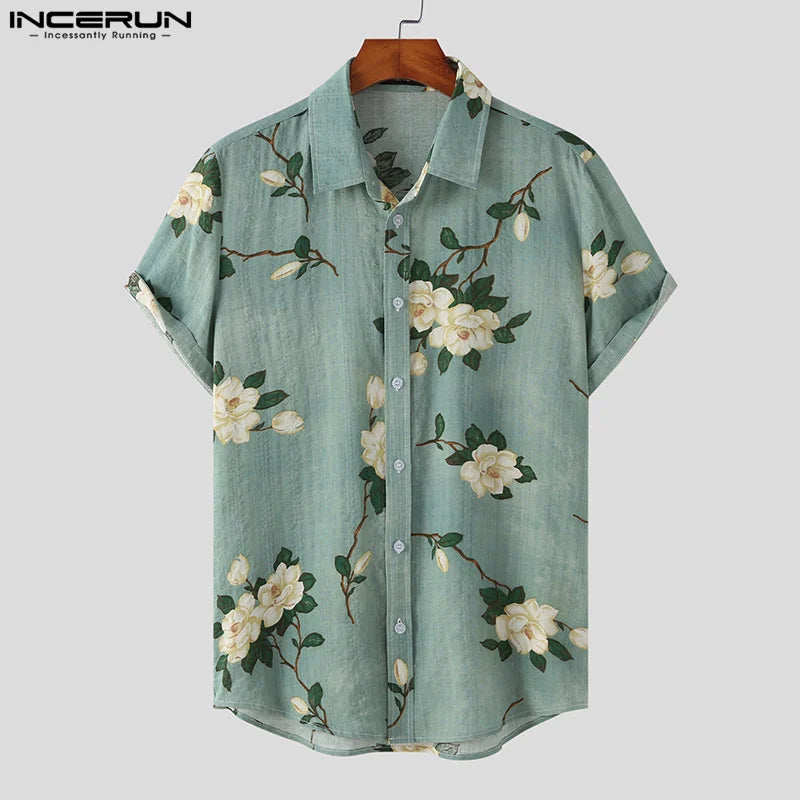 Men Hawaiian Shirt Flower Printing Lapel Short Sleeve Streetwear 2024 Casual Men Clothing Vacation Leisure Shirts S-5XL INCERUN