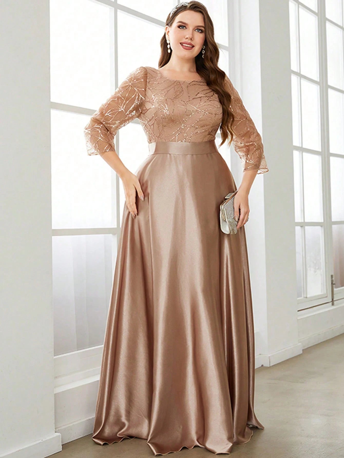 Mgiacy Crew neck long sleeve sequin patchwork satin long gown ball dress Party dress Bridesmaid dress