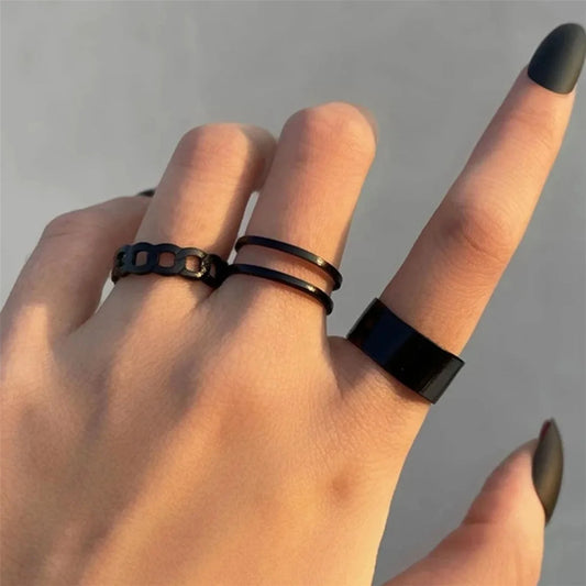 3PCS Black Ring Joint Finger Chain Adjustable Jewelry Anneaux for Men Women Gothic Anillos Aesthetic Anel Trend Accessories