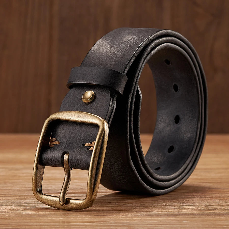 Thick Cowhide Copper Pin Buckle Real Genuine Leather Belt For Jeans Fashion Casual Belt Men Waistband Retro Luxury Male Strap