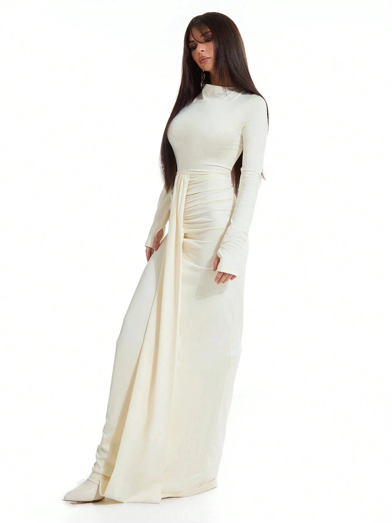BJTZ 2024 Women Spring And Summer Tight Pleated Solid Color Long Dress Splicing Temperament Slim Long Dress High Waist Dress