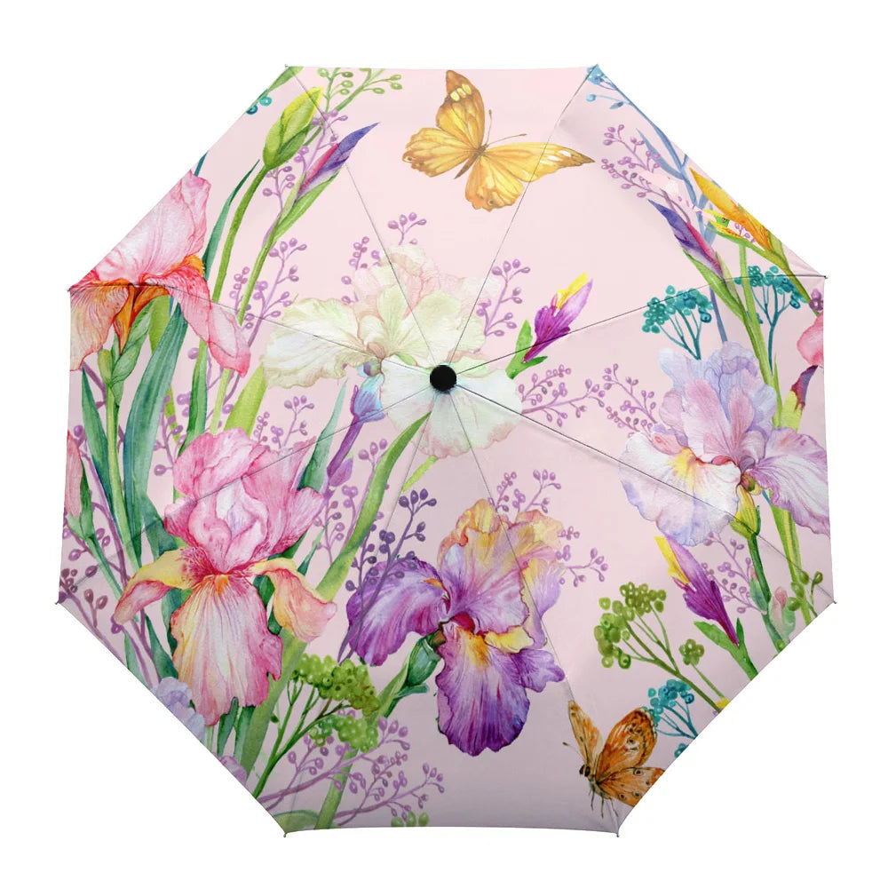 Red Flowers Butterfly Green Leaves Plant Custom Manual Umbrellas for Women Male Windproof Folding Rain Umbrella Parasol