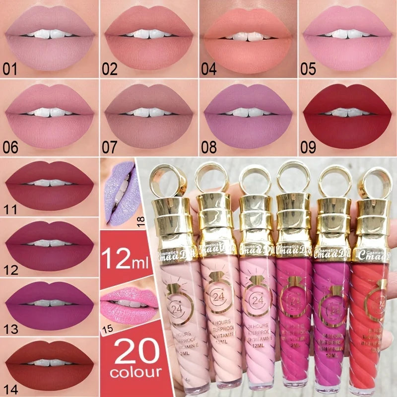 20 Colors Matte Velvet Lip Gloss Waterproof Lipstick Long Lasting High Pigment Soft Texture Easy To Color