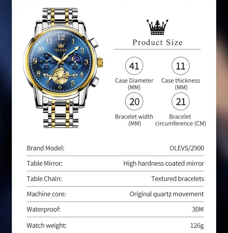 OLEVS 2900 Business Quartz Man Wristwatch Number Scale Stainless Steel Watch For Men Moon Phase Waterproof Fashion Watches 2024