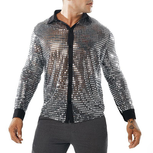 Men Sequined Shirt Retro 70s Disco Daily Polyester + Mesh + Sequin Brand New Spring High Quality Summer Winter