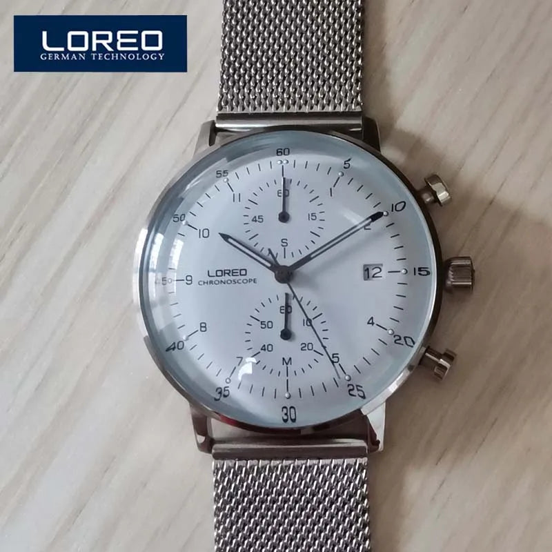 LOREO Luxury Brand Silver Steel Quartz Men Steel Watch Waterproof 3ATM Luminous Watches Calendar Watch Dropshipping 2023