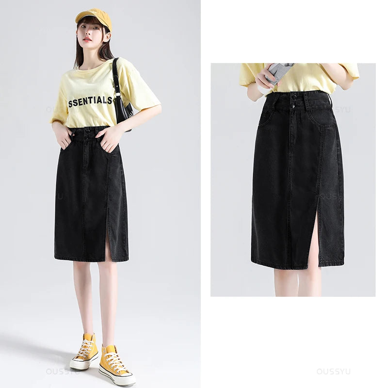 Summer Lyocell Women Jeans Skirt  High Waist Casual Hip-covering Denim Slit Skirt A-Line Skirt  Fashion Straight Skirt Female