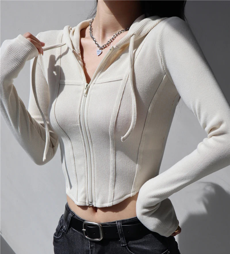 Fall fashion cropped hoodies women zip up hoodie korean fashion sweatshirts hooded cute long sleeve crop top sexy curve hem