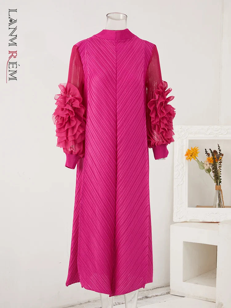 LANMREM Maxi Pleated Dress Round Neck Spliced Fungus Full Sleeve Dresses For Women 2024 New Autumn Clothing 2Qa1331