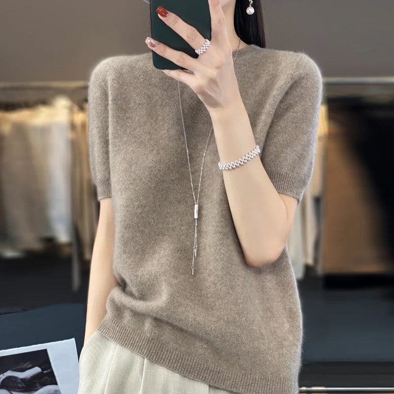 First-line ready-to-wear 100% Merino wool knitted short-sleeved women's loose solid color slim commuter five-point cuff T-shirt