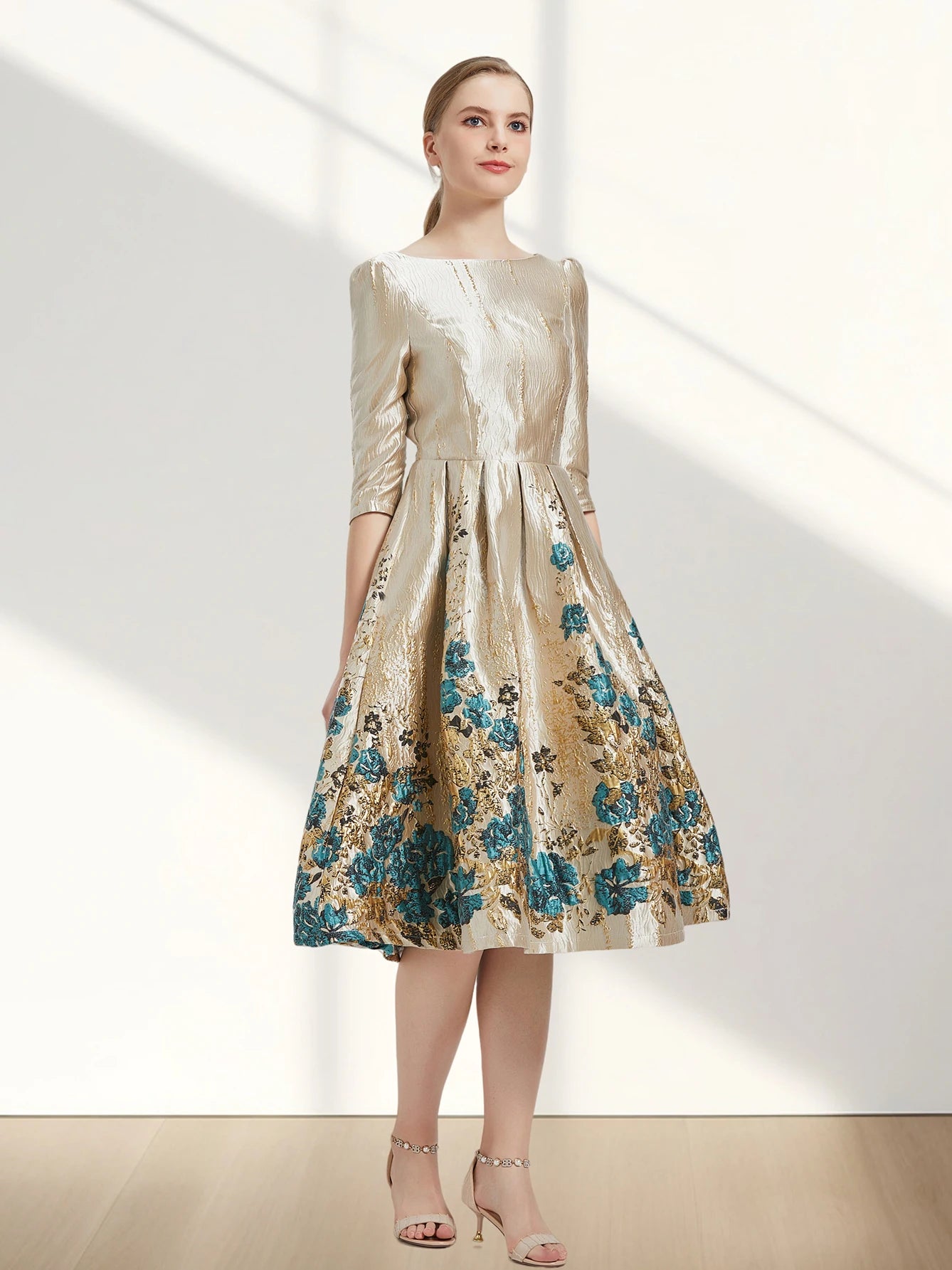 Women Luxury Floral Jacquard Dress 2024 New Fashion Sleeve Party Long Brocade  Elegant Casual Girls Evening  Clothing