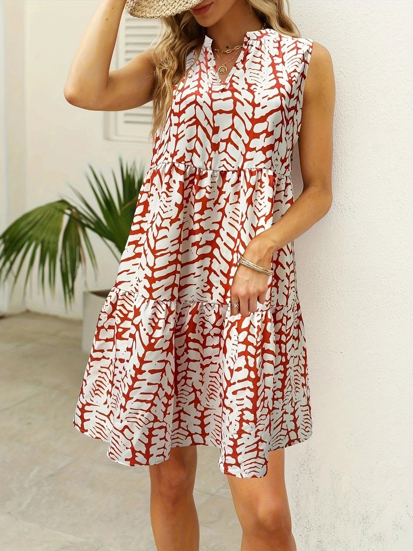 Bohemian fashion loose V-neck pleated printed dress for women