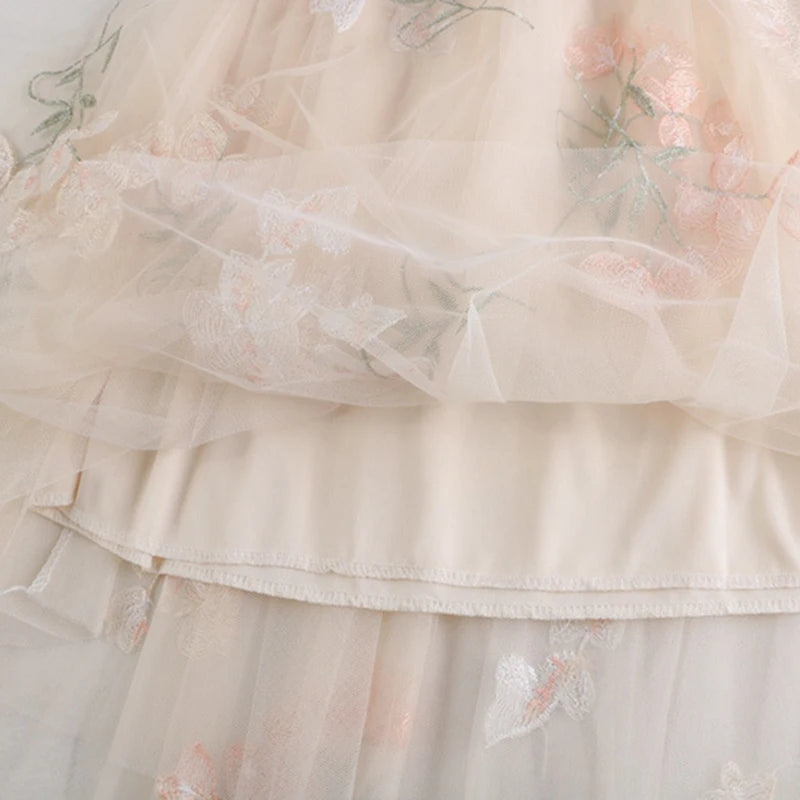 Qooth Women Embroidery Flower Tulle Gauze Skirt Elegant Sweet Elastic Waist Midi Floral Mesh Skirt For All Season QT2185