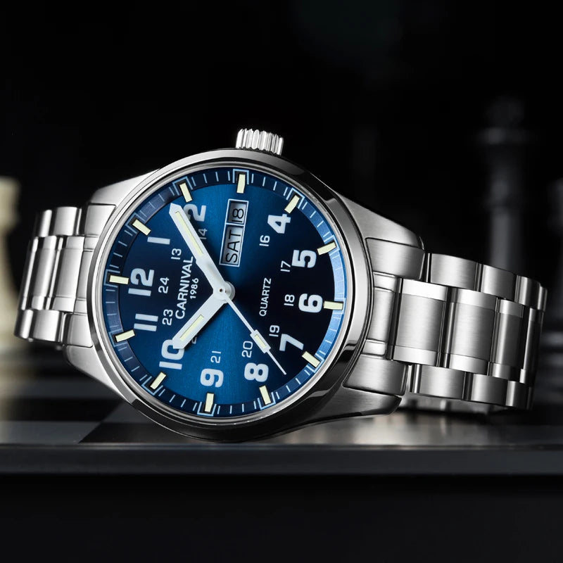 CARNIVAL Brand Watches Men Luminous Tube Waterproof Sport Men's Quartz Watch Man Stainless Steel Strap Reloj Hombre