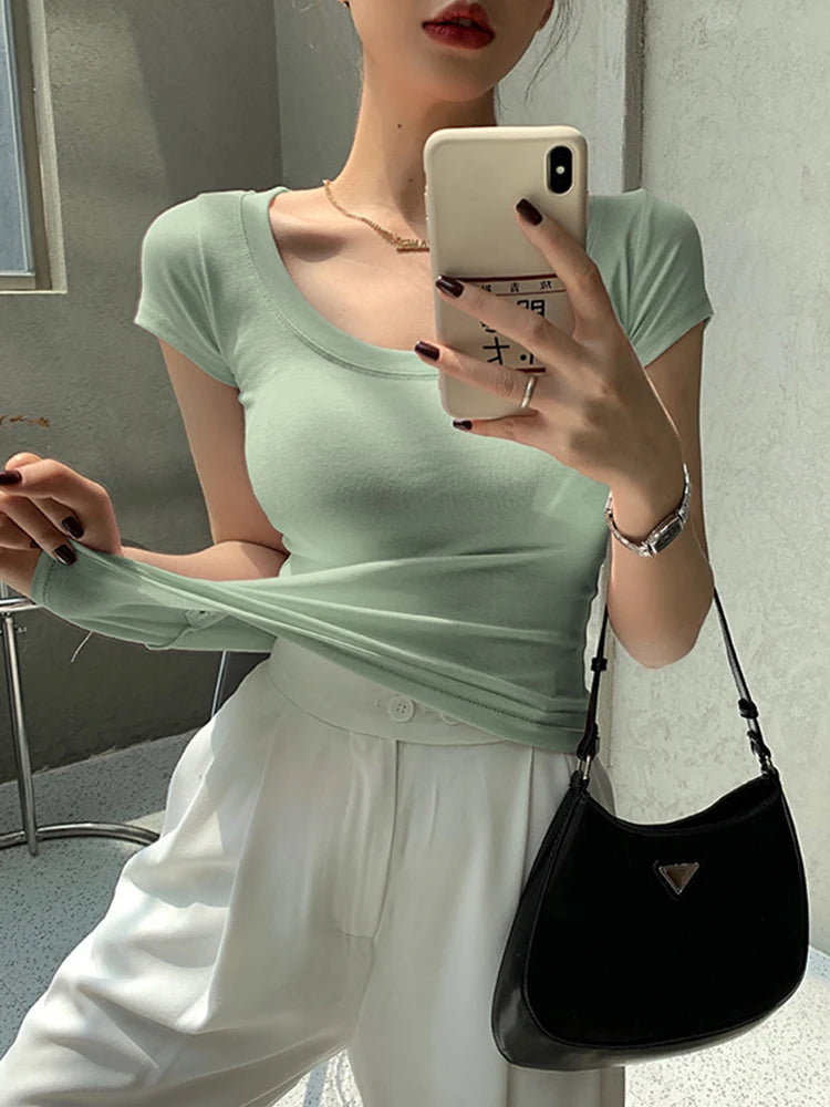 AOSSVIAO 100% Cotton T Shirt Women 2024 Summer New Slim Solid Basic Tees 16 Color Casual Tshirt Korean O Neck Tops