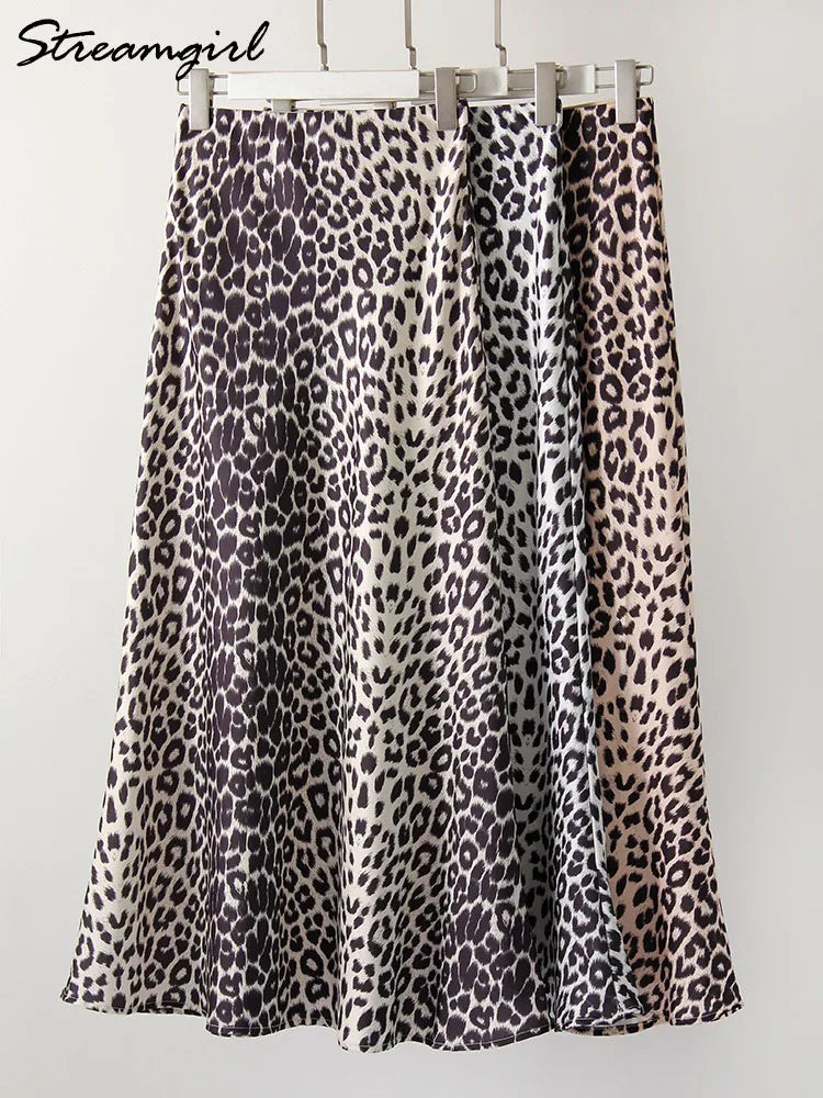 Streamgirl Summer Fishtail Leopard Skirt Women Satin Long High Waist Vintage Slim Long Satin Skirts Women Slim Elegant 2024