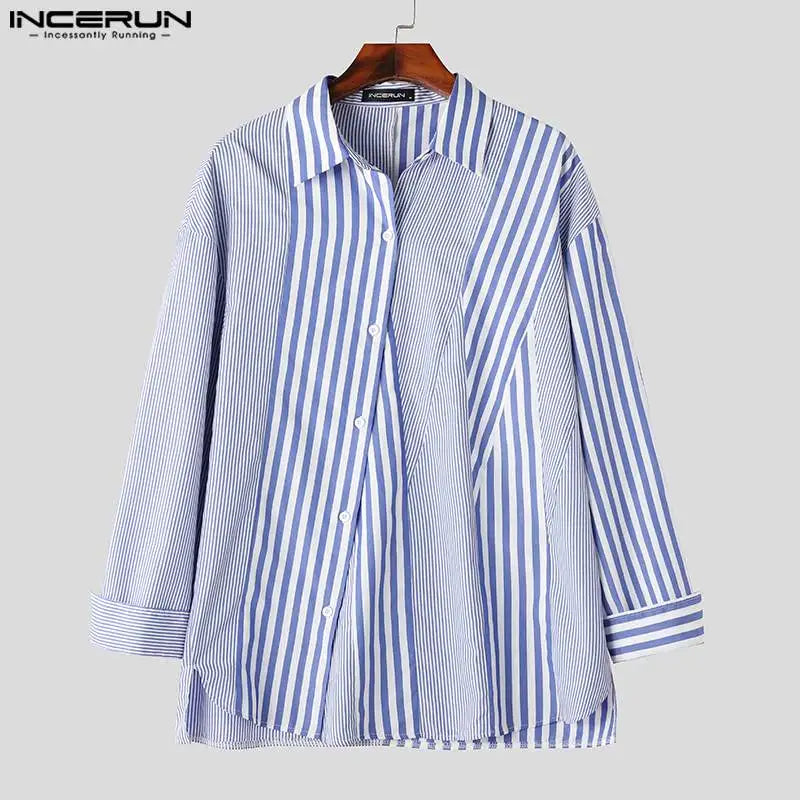 INCERUN Tops 2023 Korean Style New Men's Striped Patchwork Design Shirts Casual Streetwear Male Long Sleeved Lapel Blouse S-5XL