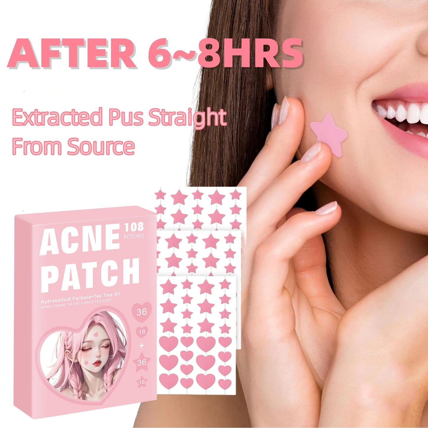 108 Acne Patch Pimple Patch, Pink Heart & Star Shaped Acne Absorbing Cover Patch, Hydrocolloid Acne Patches For Face Zit Patch A