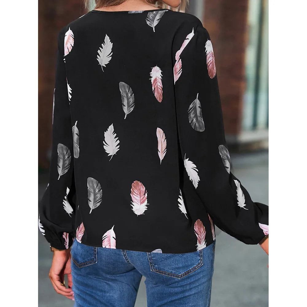 Fashion Woman Blouse Shirts For Women Stylish Top long Sleeve Feather Pattern Female Tops Elegant Chiffon Mujer Woman Clothes