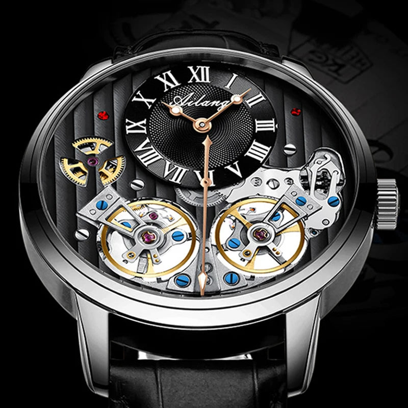 AILANG Top Brand Luxury Watch Men Automatic Luminous Black Clock Men Double Tourbillon Waterproof Mechanical Watch Relogio