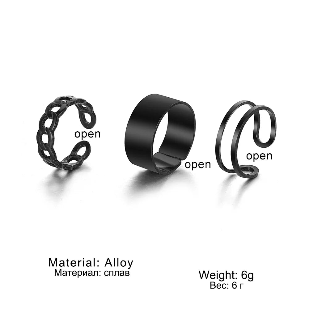 3PCS Black Ring Joint Finger Chain Adjustable Jewelry Anneaux for Men Women Gothic Anillos Aesthetic Anel Trend Accessories