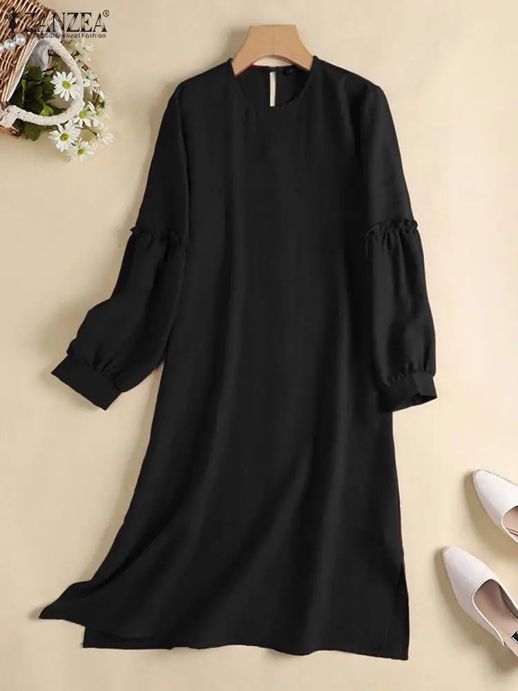 2023 ZANZEA Casual Solid Dubai Turkey Blouse Elegant Women O Neck Long Sleeve Shirt Fashion Autumn Muslim Long Tops Oversize