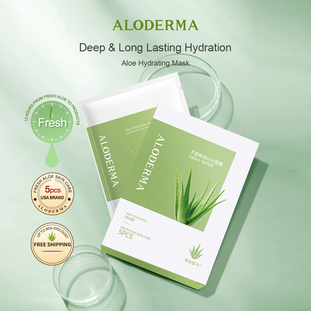 ALODERMA Aloe Hydrating Facial Mask-Set Of 5pcs, 87% Organic Aloe Vera Moisturizing Face Mask Sheet Deep& Long Lasting Hydration