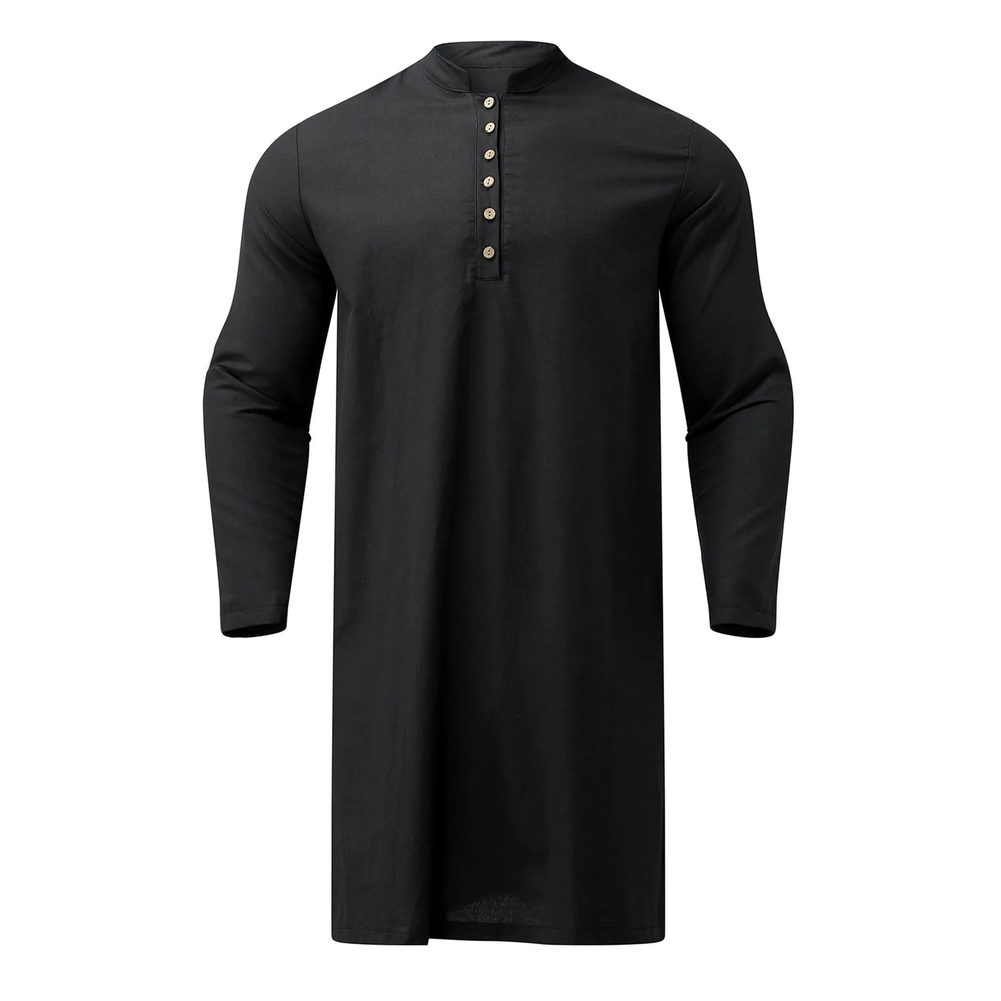 Men's Long Sleeve Button Jubba Thobe Casual Solid Stand Collar Muslim Long Robes Islamic Musulmane Kaftan Pakistani Dubai Tops