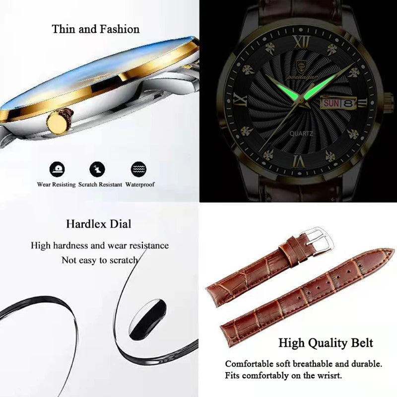 POEDAGAR Business Mens Watches Waterproof Sport Casual Genuine Leather Strap Calendar Quartz Wristwatch For Man Luminous Clocks