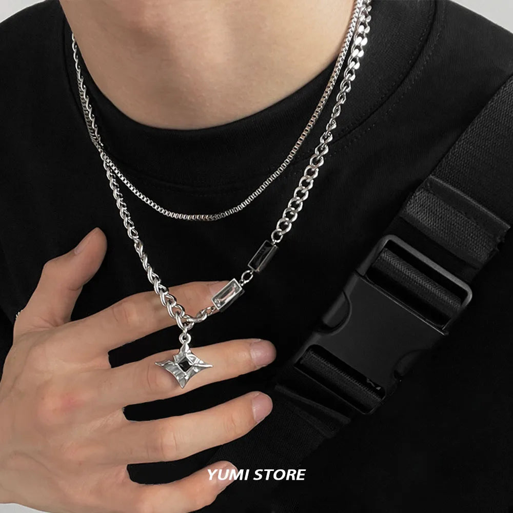Hip Hop Zircon Star Double Layer Necklace For Men Women Trend Charm Titanium Steel Pendant Chain Unisex Jewelry Free Shipping