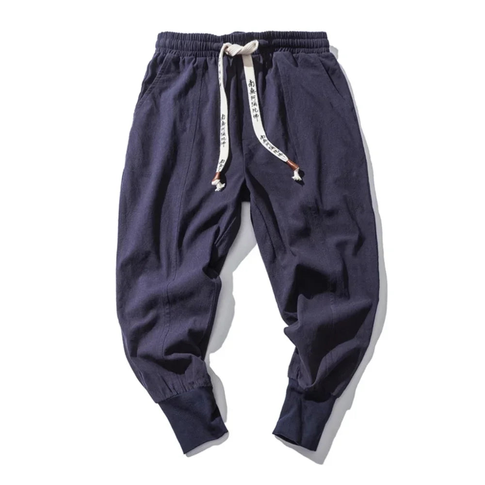 Cotton Linen Harem Pants Men Solid Elastic Waist Streetwear Joggers 2024 New Baggy Drop-crotch Pants Casual Trousers Men