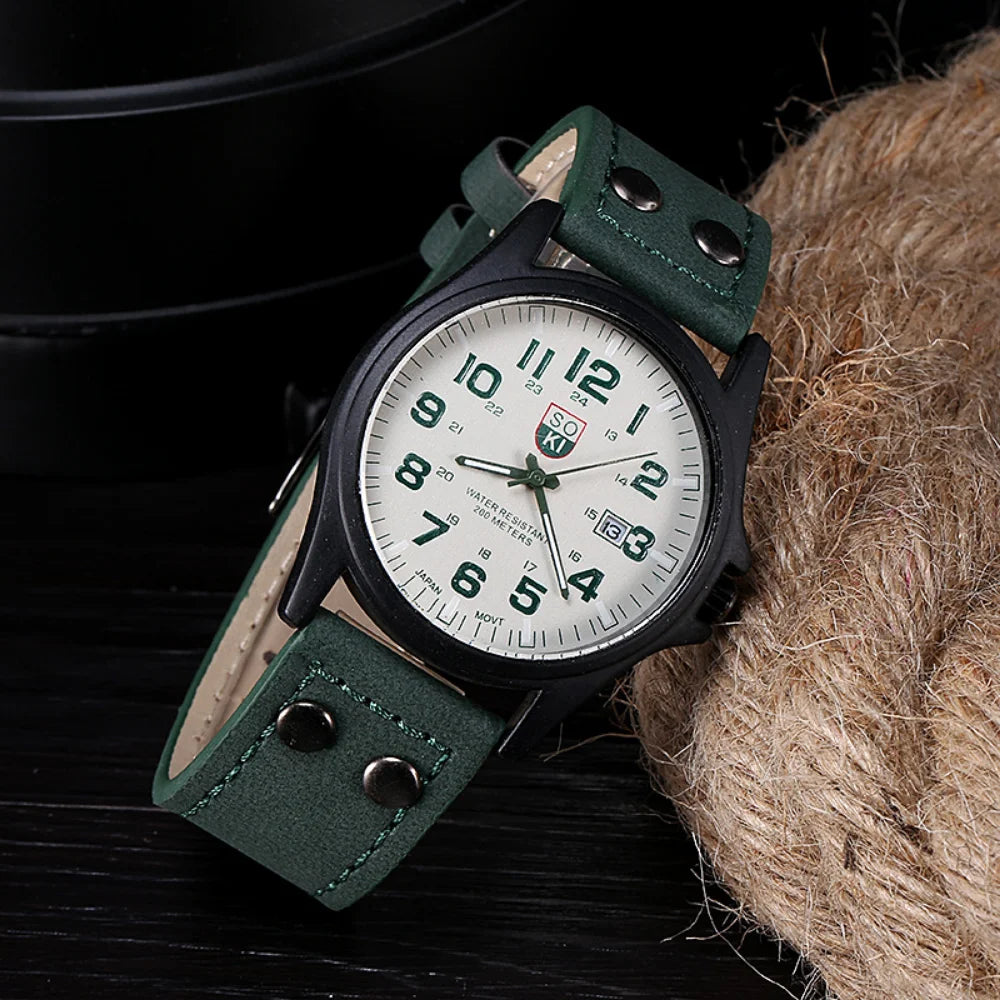 2024 Vintage Classic Stainless Steel Waterproof Date Leather Strap Men Watch   Sport Quartz Army Fashion Digital Clock