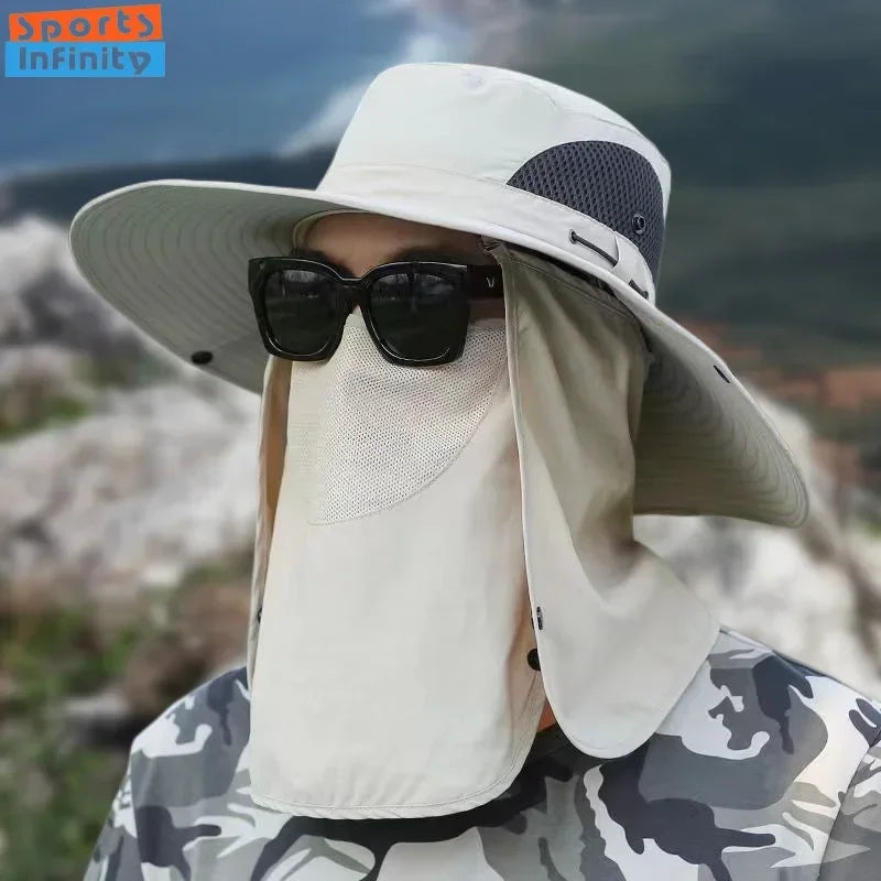 Men Sunshade Hat Big Eave Sunscreen Caps Outdoor Sports Sun Protection Hat Work Climbing Fishing Hiking Caps with Sunscreen Mask