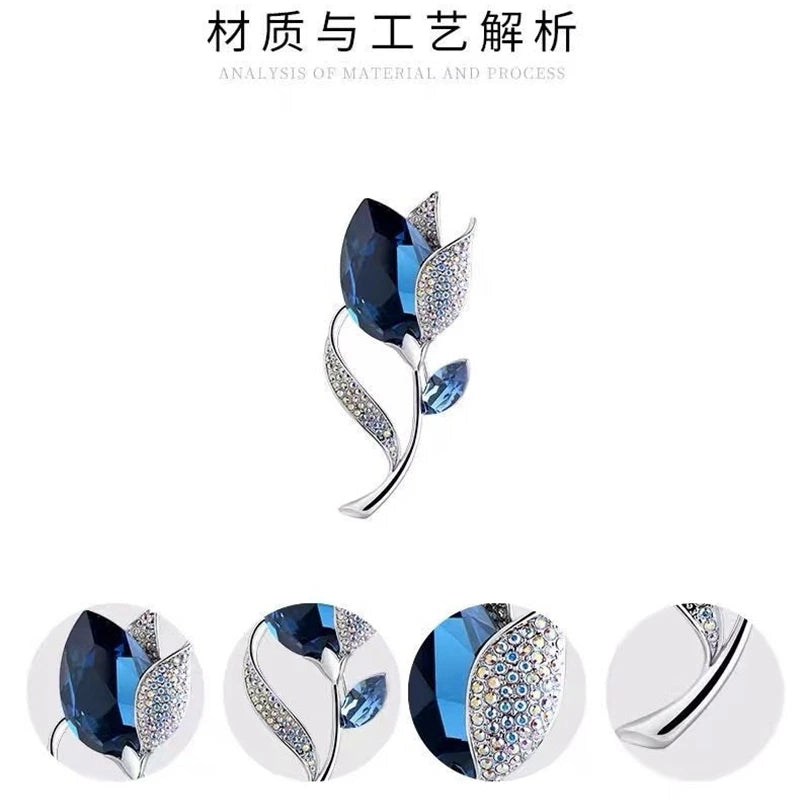 New Luxury Blue Crystal Flower Brooch Pins For Women Elegant Charm Temperament Inlaid Rhinestone Brooches Jewelry Wedding Gifts