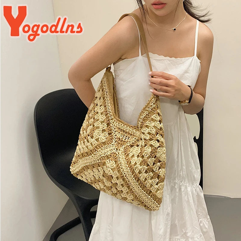 Yogodlns Women Weaving Clutches Top-handle Bag Large  Portable Shoulder Bag Summer Beach Purses Shopper Satchel Female Tote Bags